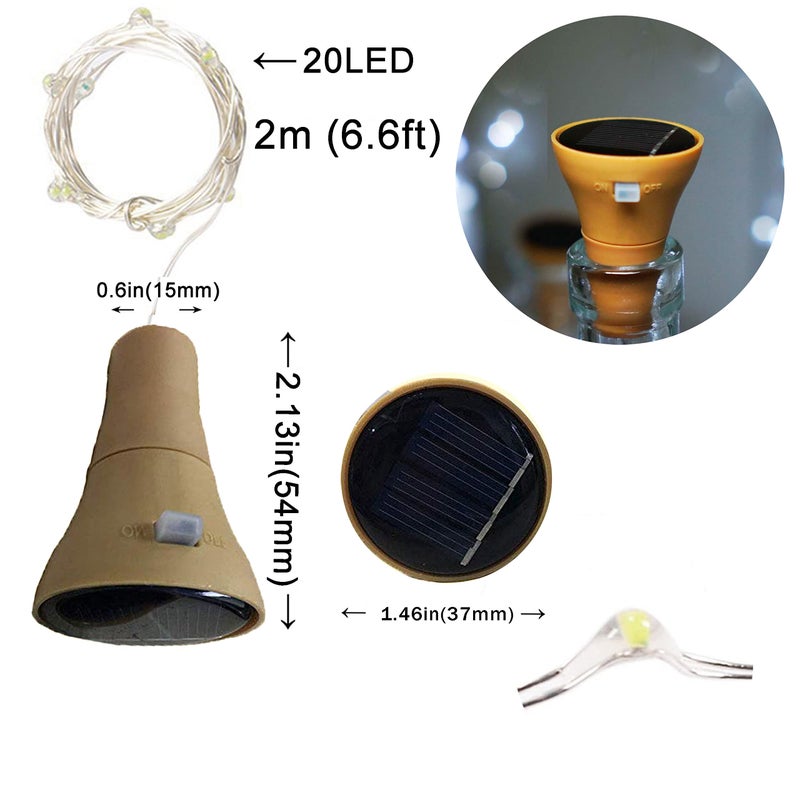 NiniTe LIGHTS 6 عبوات من أضواء زجاجات النبيذ بالطاقة الشمسية، 20 LED مقاومة للماء من النحاس، أضواء شمسية لحفلات الزفاف وعيد الميلاد، في الهواء الطلق، العطلات، الحديقة، الفناء، ديكور الممر (أبيض بارد) - Image 3